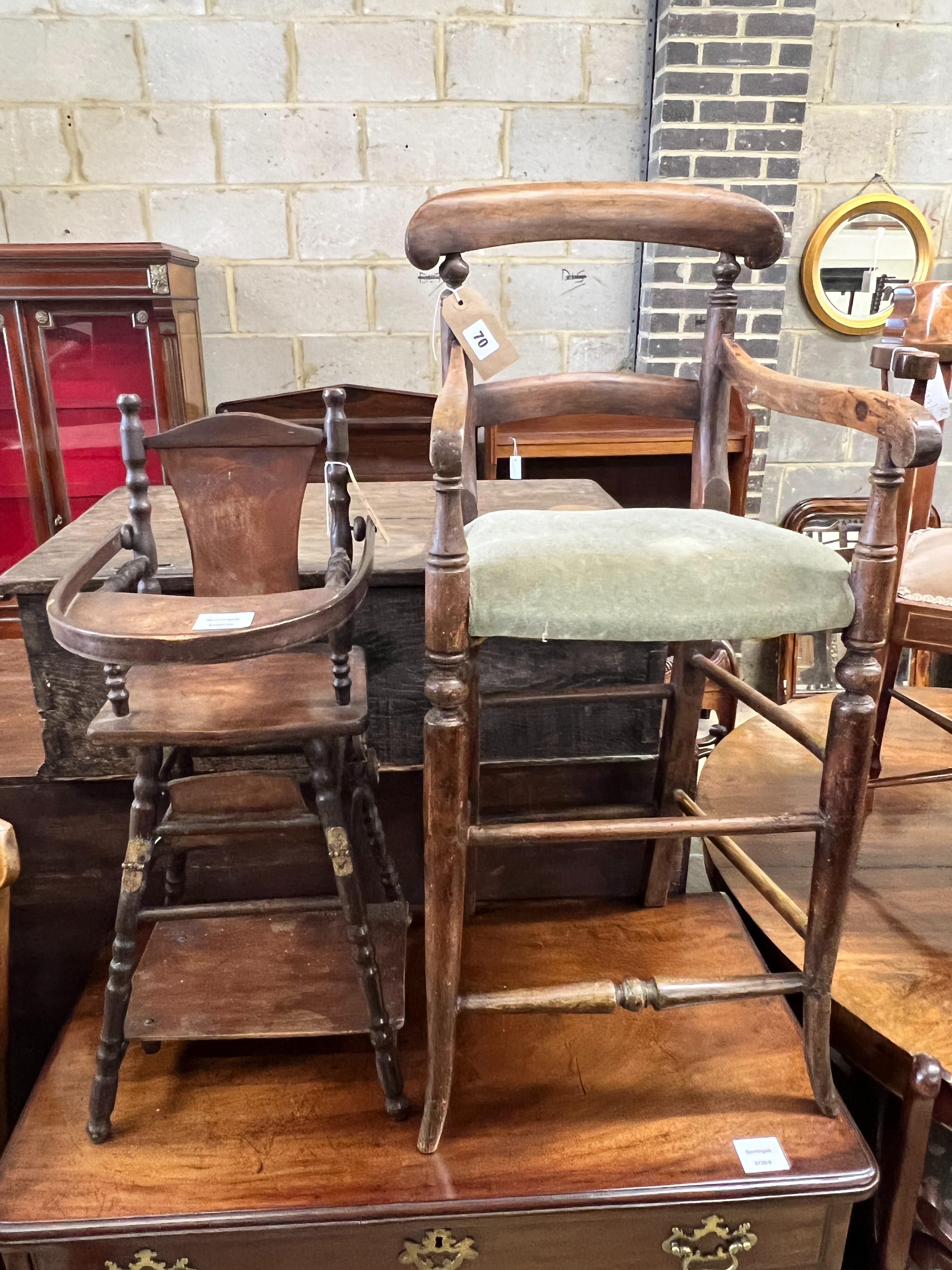 A Victorian beech child's high chair and a later metamorphic child's chair